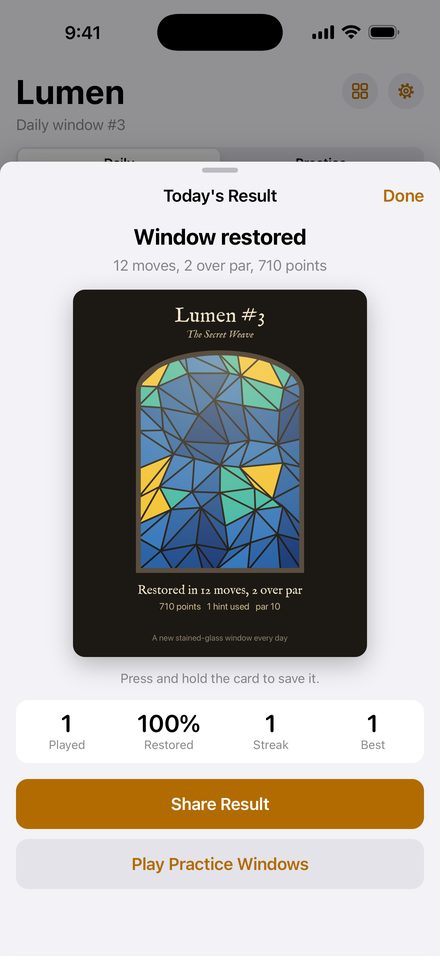 Today's result card, ready to share